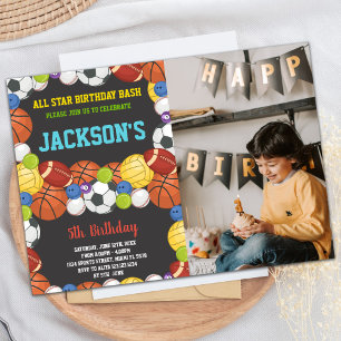 Invitation All Balls Black Sports Party Anniversaire avec pho