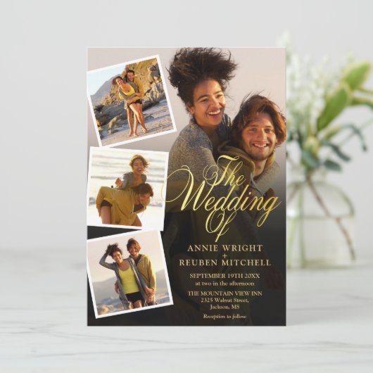 Invitation All In One 4 Photo Collage Gold Script Mariage (Debout devant)