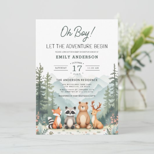 Invitation All in One Adventure lance le Baby shower des bois (Debout devant)