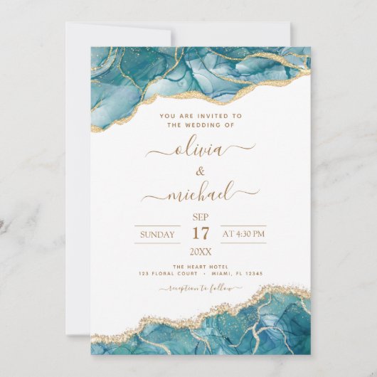 Invitation All in One Agate Turquoise Turquoise Gold Mariage (Devant)