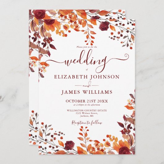 Invitation All In One Automne Automne Floral Feuille Mariage (Devant / Derrière)