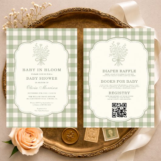Invitation All in One Baby in Bloom Gingham Baby Shower