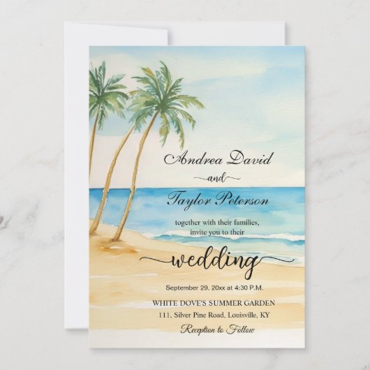 Invitation All in One Beach and Palm Trees QR Code Mariage (Devant)