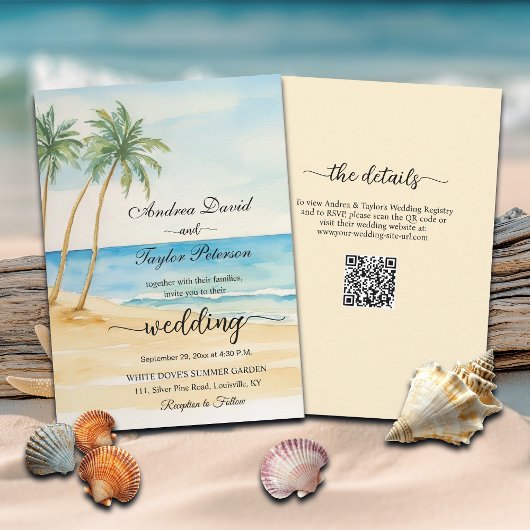 Invitation All in One Beach and Palm Trees QR Code Mariage