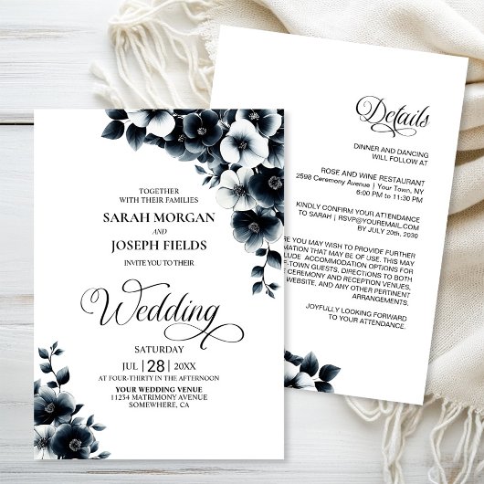 Invitation All in One Black White Floral Wedding