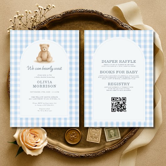 Invitation All in One Blue Gingham We Can Bearly Wait 
