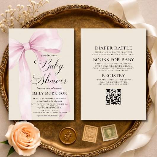 Invitation All in One Blush Pink Bow Linen Baby Shower