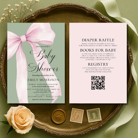 Invitation All in One Blush Pink Bow Sage Green Baby Shower