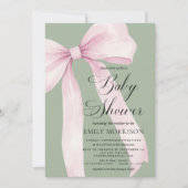 Invitation All in One Blush Pink Bow Sage Green Baby Shower (Devant)