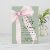 Invitation All in One Blush Pink Bow Sage Green Baby Shower (Debout devant)