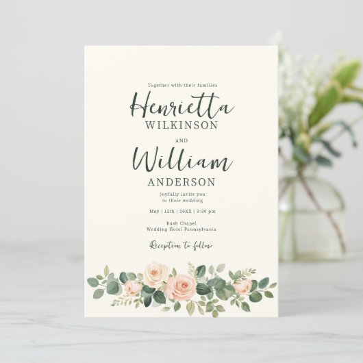 Invitation all in one botanical floral green script (Debout devant)