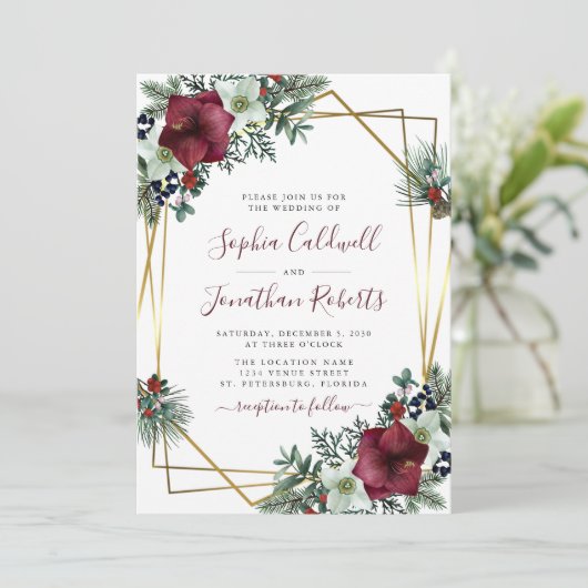 Invitation All in One Burgundy Amaryllis Pine Mariage or (Debout devant)