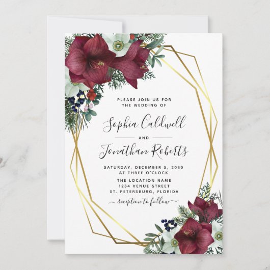 Invitation All in One Burgundy Floral Gold Winter Wedding (Devant)
