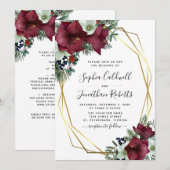Invitation All in One Burgundy Floral Gold Winter Wedding (Devant / Derrière)
