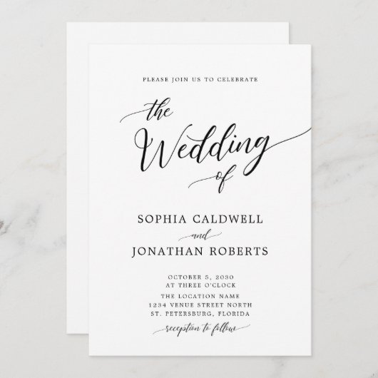 Invitation All in One Calligraphie Mariage noir et blanc (Devant / Derrière)