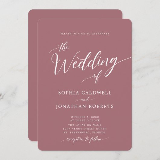 Invitation All in One Calligraphy Mariage Rose Dusty tendance (Devant / Derrière)