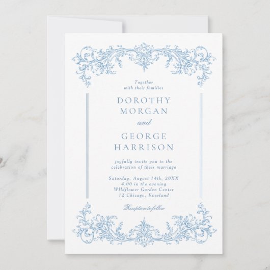 Invitation All in One Classic Français Victorian Mariage Bleu (Devant)