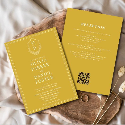 Invitation All in One Crest Gold Champagne QR Code Mariage