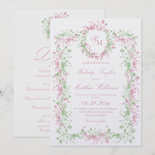 Invitation All in One Delicate Blush and Sage Ornate Wedding (Devant / Derrière)