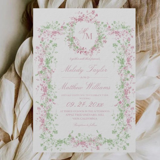 Invitation All in One Delicate French Flora Crest Wedding