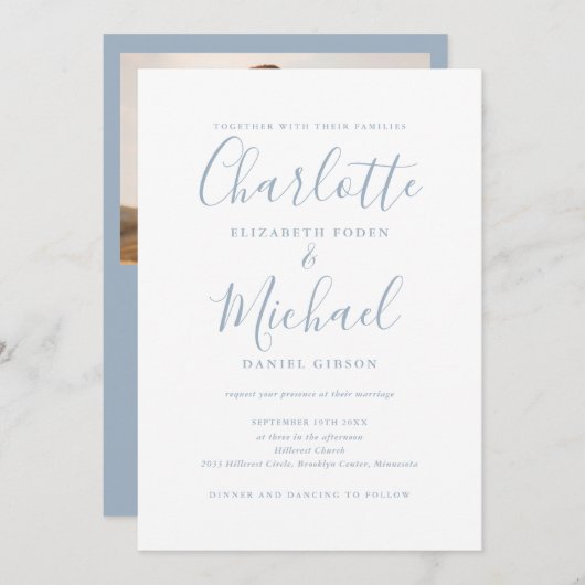 Invitation All In One Dusty Blue Chic Script Mariage photo (Devant / Derrière)