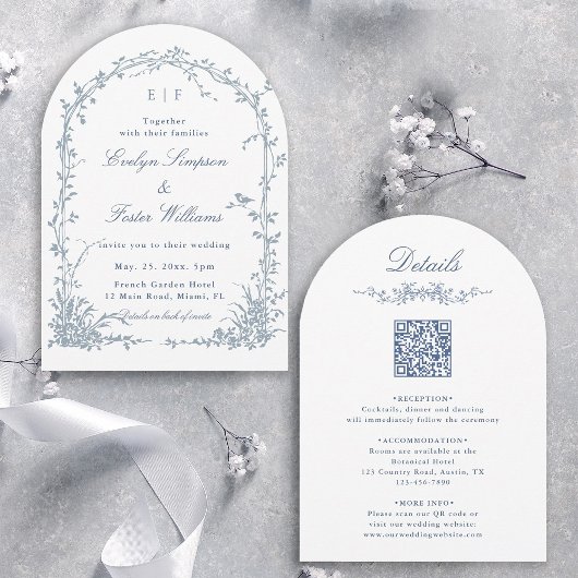 Invitation All in One Dusty Blue Floral Garden Wedding Arch