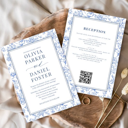 Invitation All in One Dusty Blue French Floral Toile
