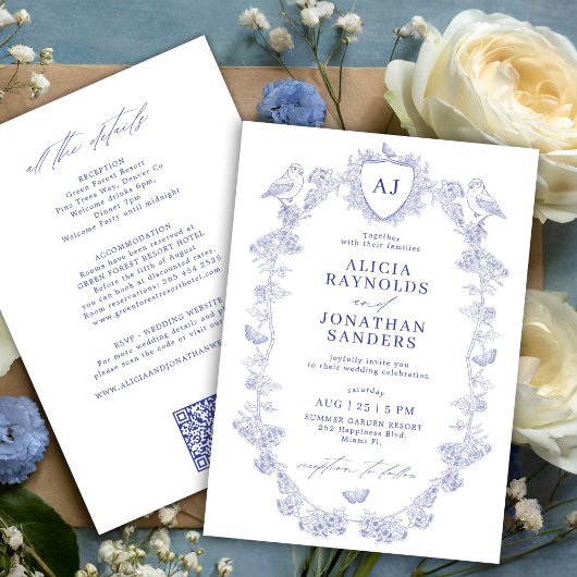Invitation All in one dusty blue French floral wedding