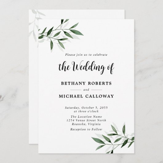 Invitation All in One Eucalyptus Calligraphy QR Code Mariage (Devant / Derrière)