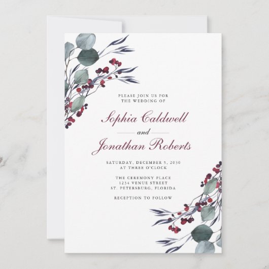 Invitation All in One Eucalyptus Holly Berries Mariage d'hive (Devant)