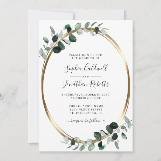Invitation All in One Eucalyptus Verdure et Mariage d'or (Devant)