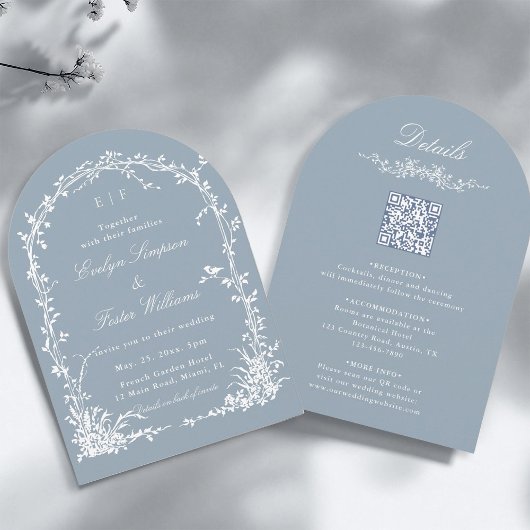Invitation All in One Floral Arch Garden Wedding Dusty Blue