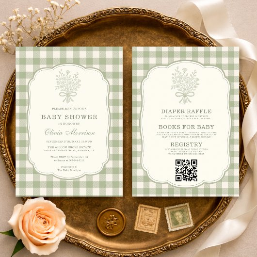 Invitation All in One Gingham Floral Bow Baby Shower