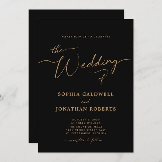 Invitation All in One Gold Calligraphie Élégant Mariage noir (Devant / Derrière)
