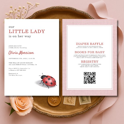 Invitation All in One Ladybug Gingham Baby Shower