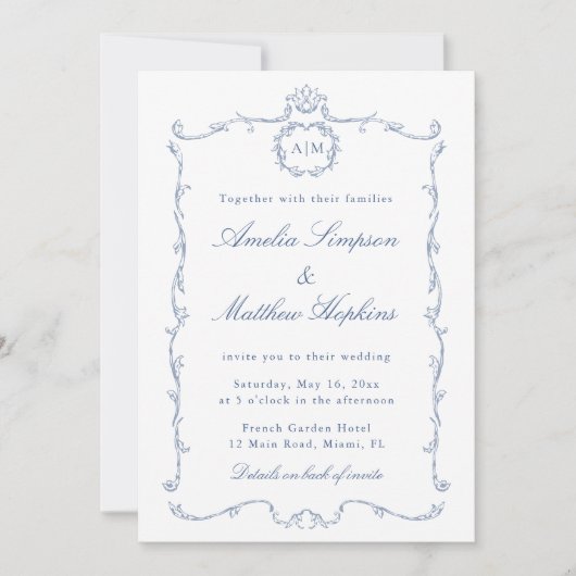 Invitation All in One Modern Classic French Wedding Blue (Devant)