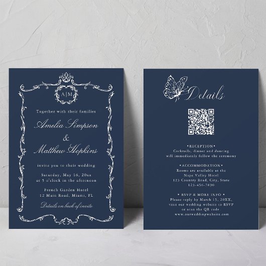 Invitation All in One Modern Classic French Wedding Navy Blue