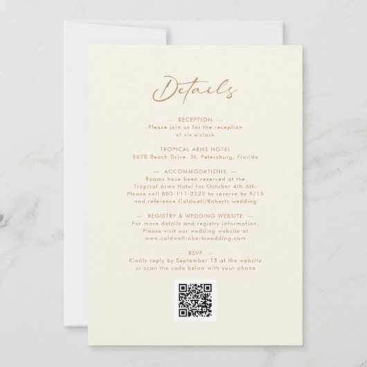Invitation All in One Moderne Calligraphie Gold Cream Mariage (Dos)