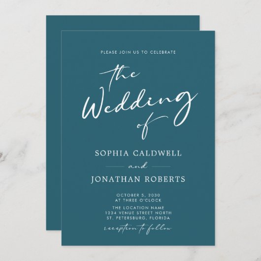 Invitation All in One Modernisation Calligraphie Mariage bleu (Devant / Derrière)