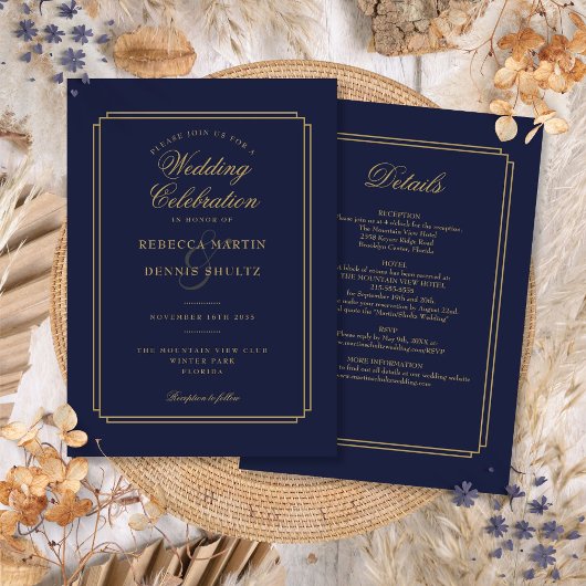 Invitation All In One Navy Blue and Gold Art Deco Mariage