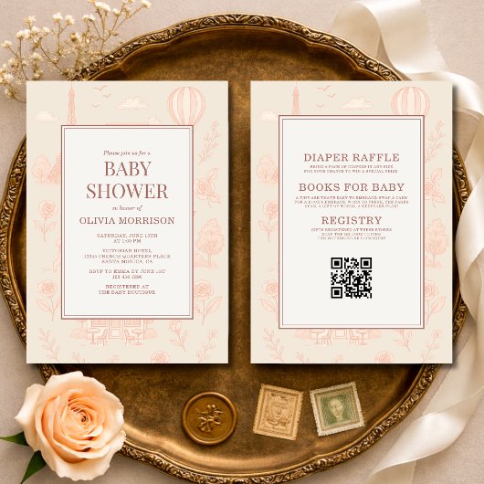 Invitation All in One Paris French Toile QR Code Baby Shower