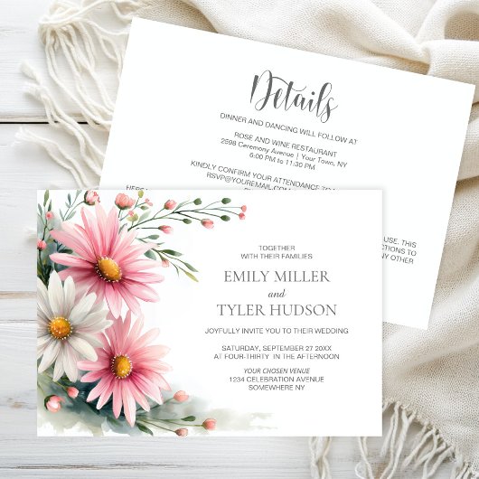 Invitation All in One Pink and White Daisies Wedding
