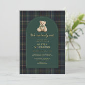 Invitation All in One Plaid Bearly Wait Green Baby Shower (Debout devant)