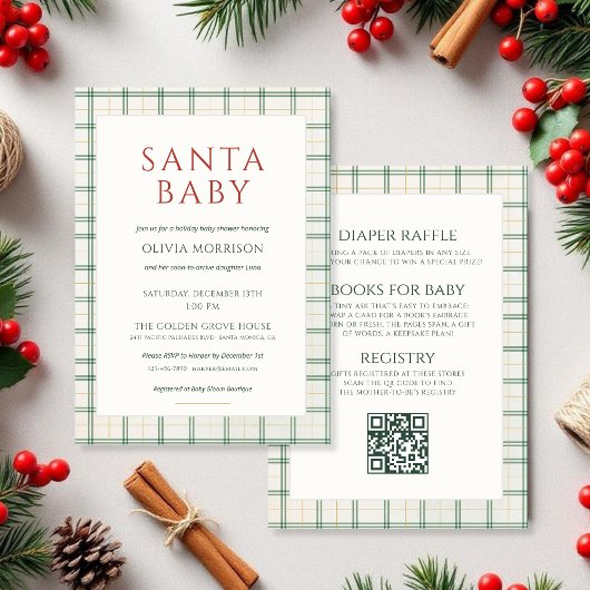 Invitation All in One Preppy Plaid Santa Baby Shower