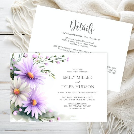 Invitation All in One Purple and White Daisies Wedding