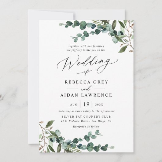 Invitation All-In-One Rustic Watercolor Greenery QR Wedding (Devant)