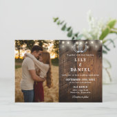 Invitation All In One Rustic Wood String Lights Wedding Photo (Debout devant)