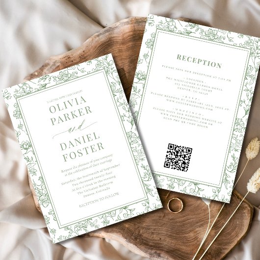 Invitation All in One Sage Green French Floral Toile