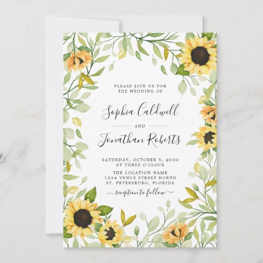Invitation All in One Sunflower et Foliage Mariage (Devant)