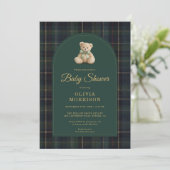 Invitation All in One Teddy Bear Plaid Green Baby Shower (Debout devant)